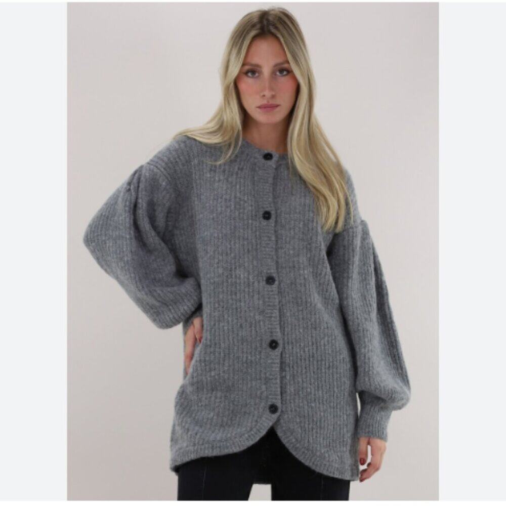 Meimeij Alpaca Mohair Cardigan Sweater Medium Ribbed Tunic Bubble Sleeve Gray - Picture 1 of 11